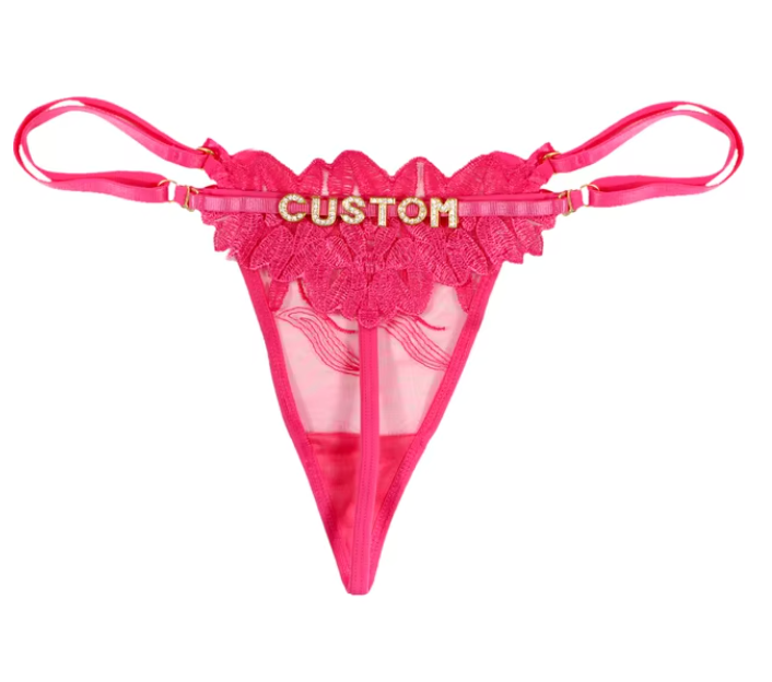 Custom Name Rhinestone Jewelry Sheer Thong Floral T-Back