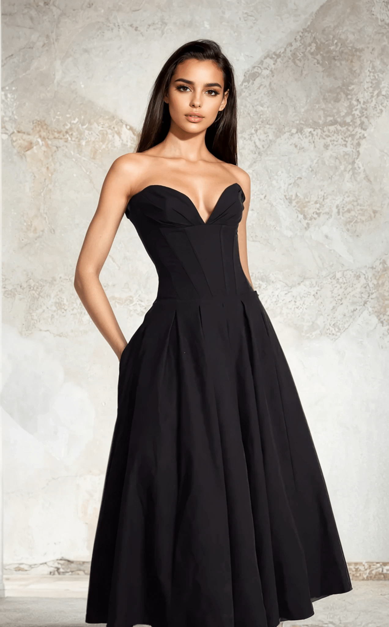 NTMY Crocus Off-Shoulder Corset Top Midi Dress in Black