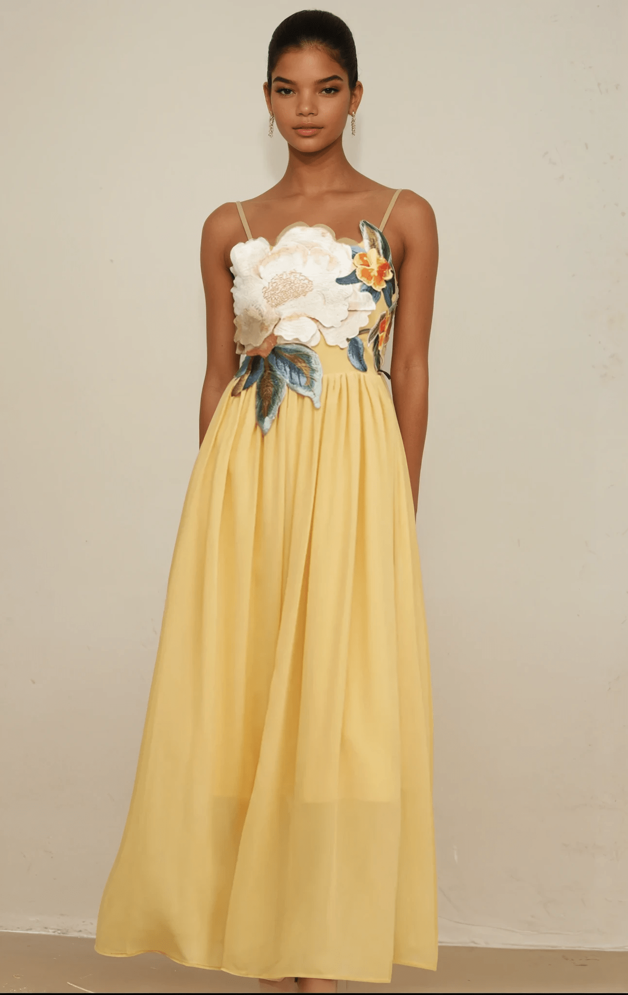 NTMY Maxi Dress Azalea 3D Floral Applique Bust Maxi Dress in Yellow
