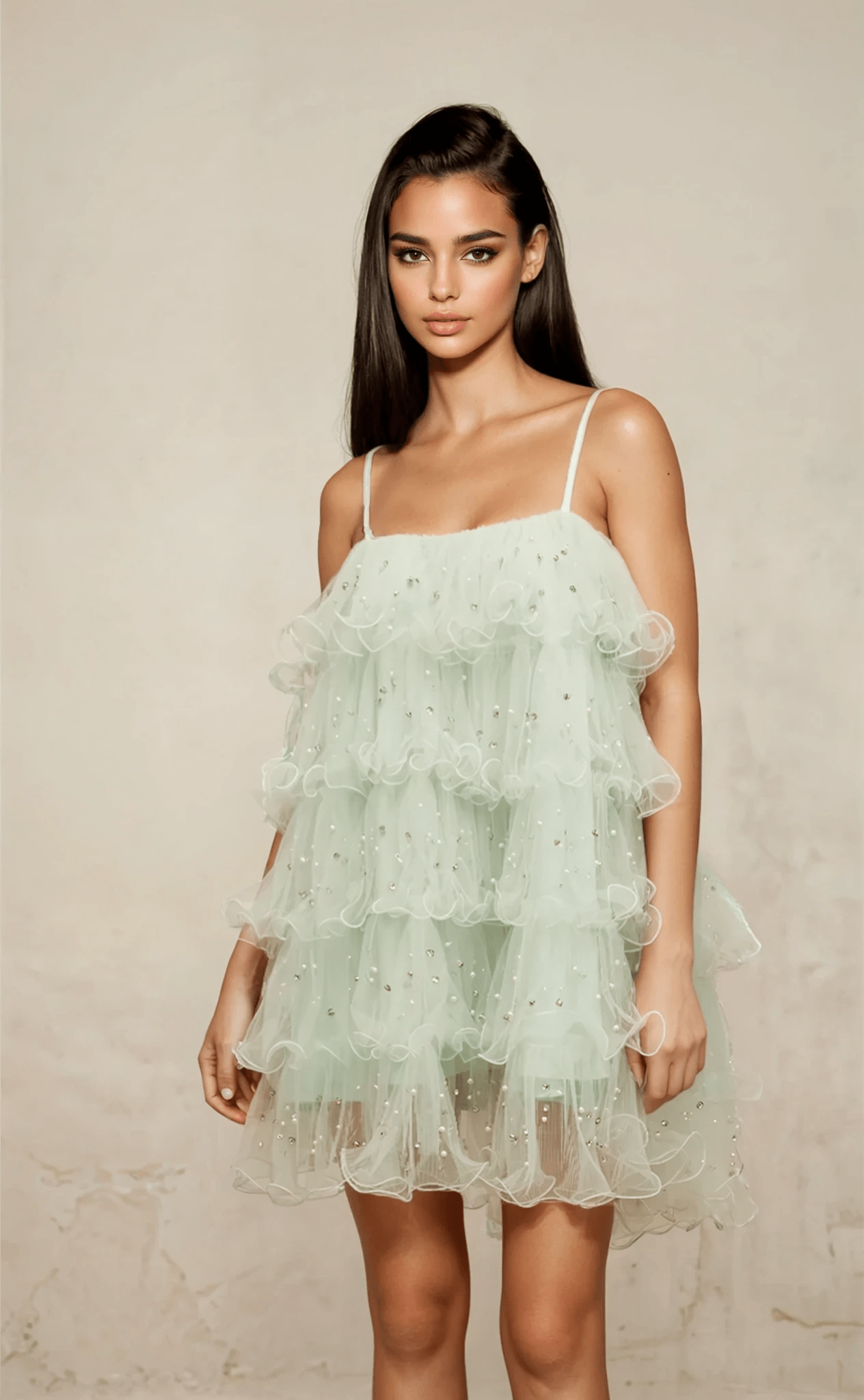 NTMY Mini Dress Bouvardia Diamond Embellished Mesh Tulle Prom Dress in Mint