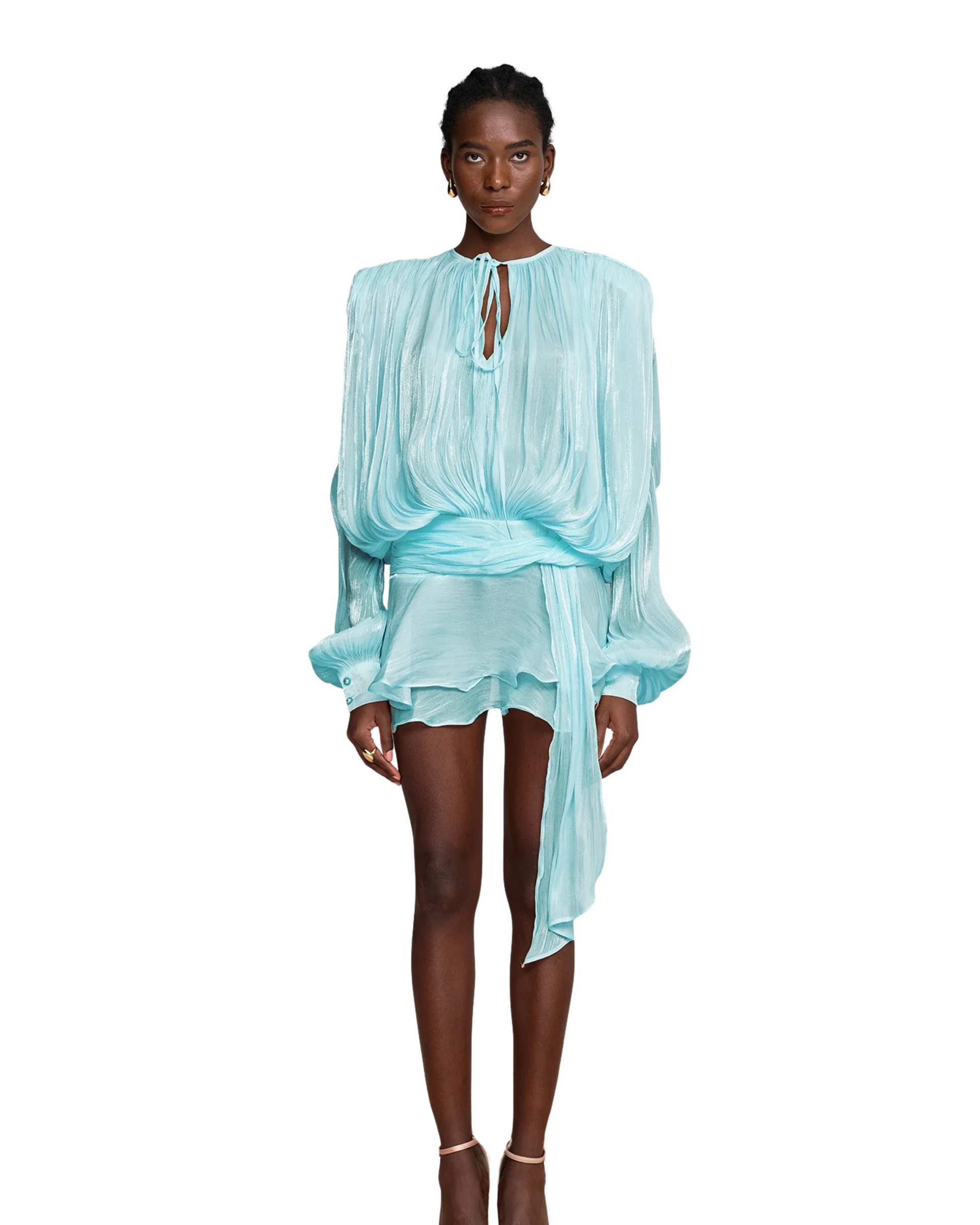 Marigold Fully Pleated Ruffled Mini Dress in Sky Blue