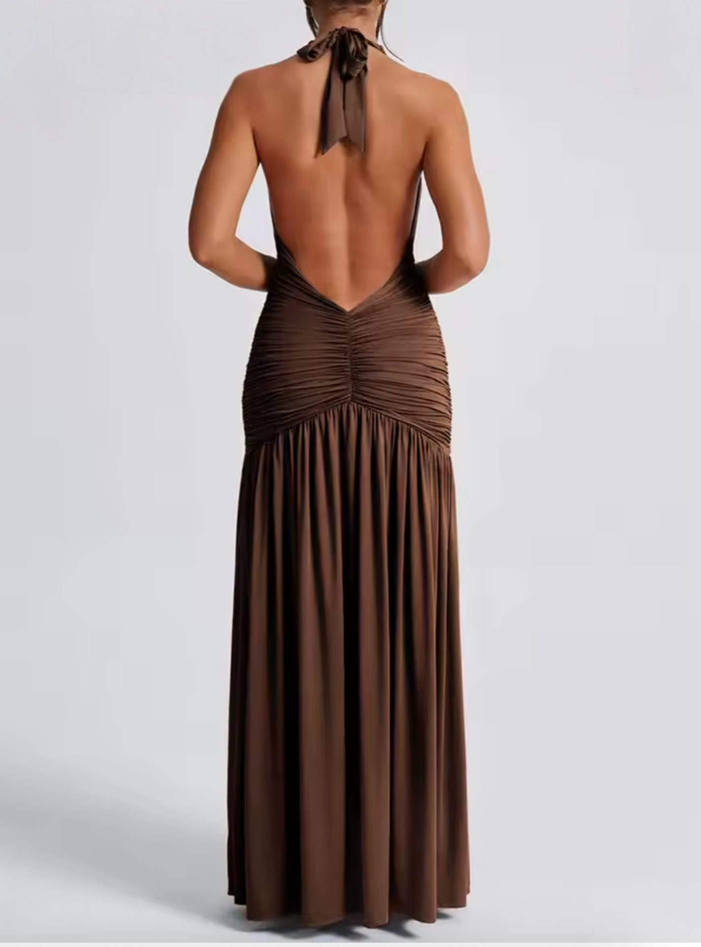 Aria Halter Neck Side Slit Drop Waist Ruched Maxi Dress in Brown NICE TO MATCH YOU Aria Halter Neck Side Slit Drop Waist Ruched Maxi Dress in Brown NICE TO MATCH YOU