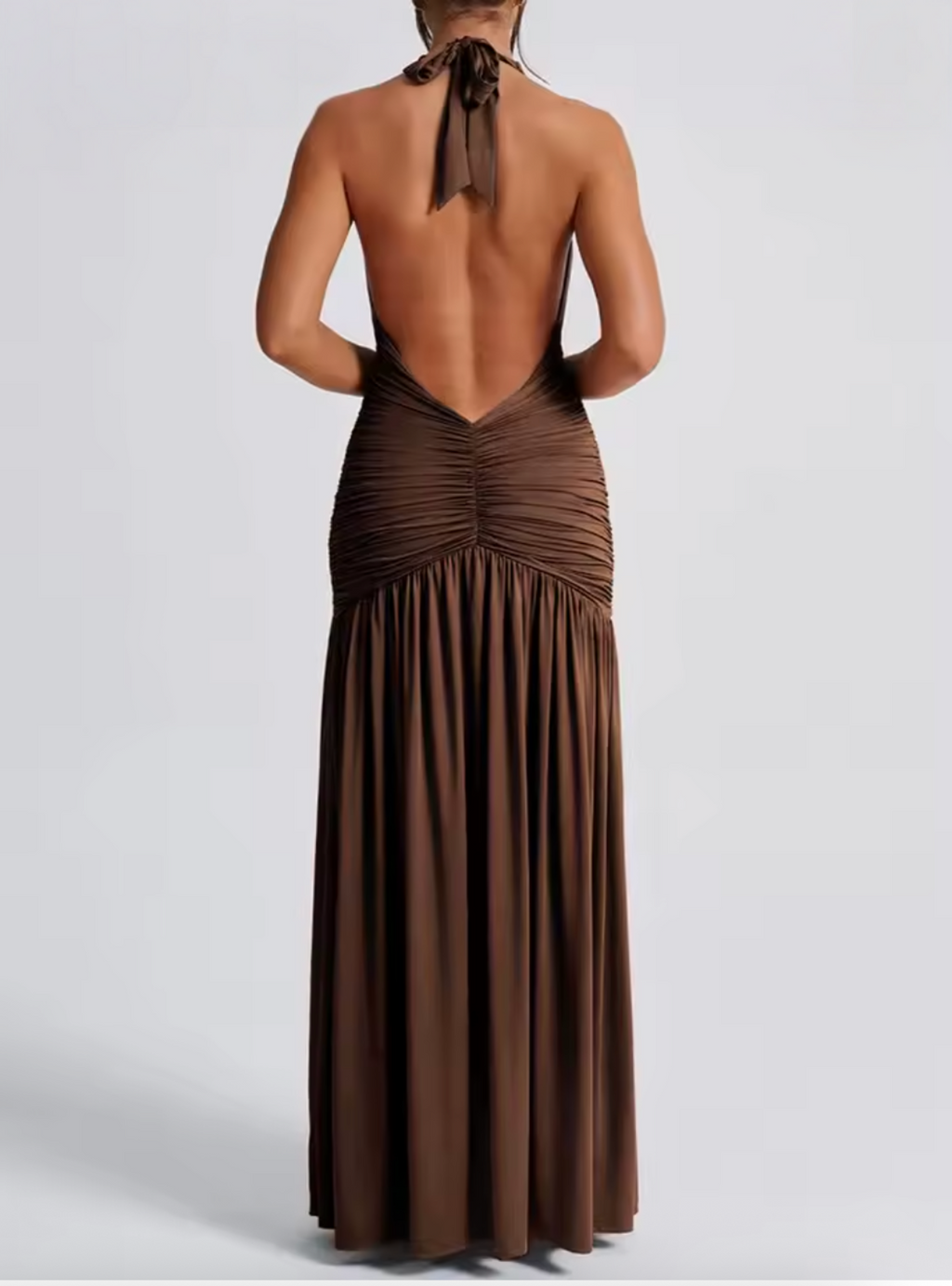 Aria Halter Neck Side Slit Drop Waist Ruched Maxi Dress in Brown