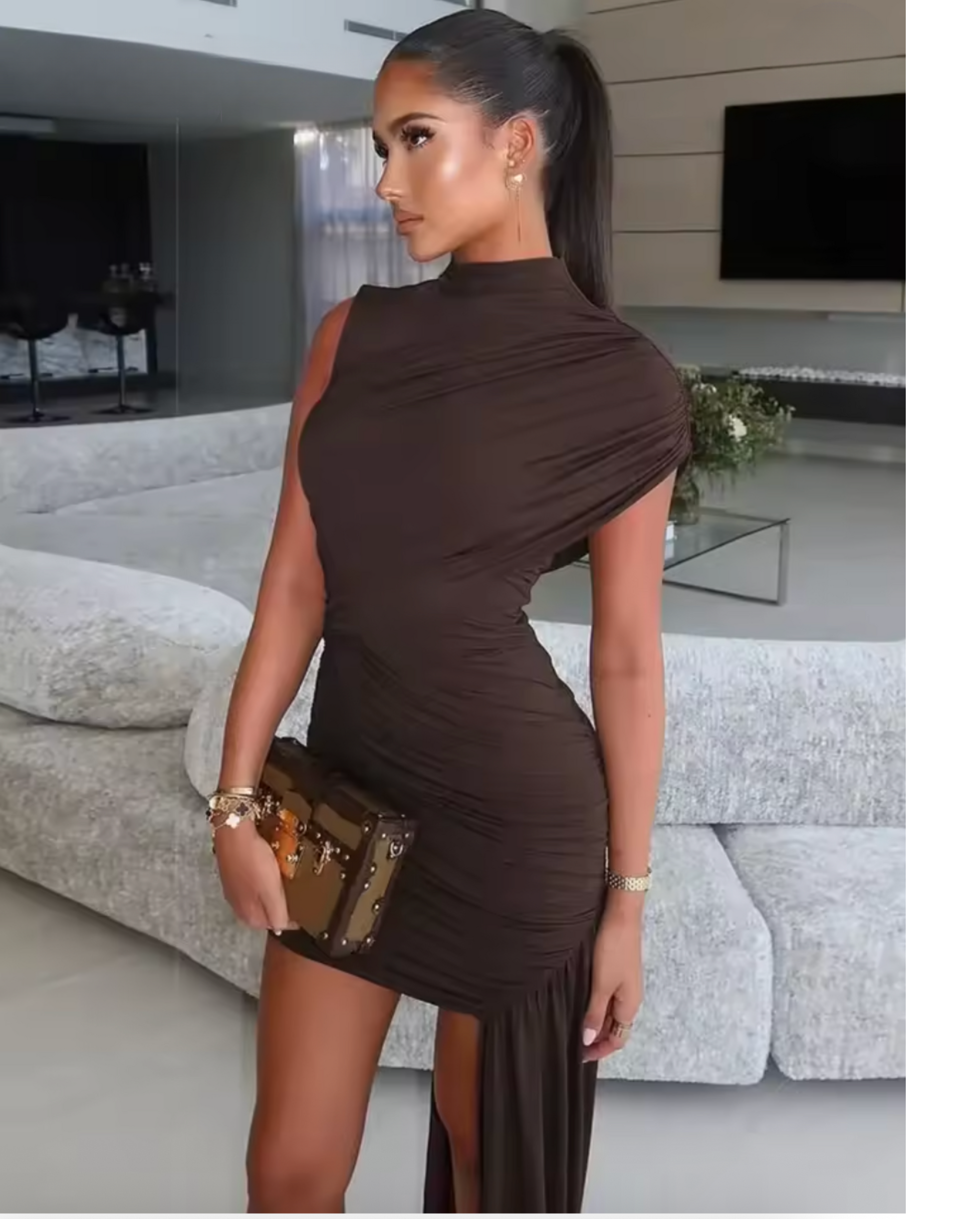 Camellia Ruched Mini Cage Dress with Sash in Brown