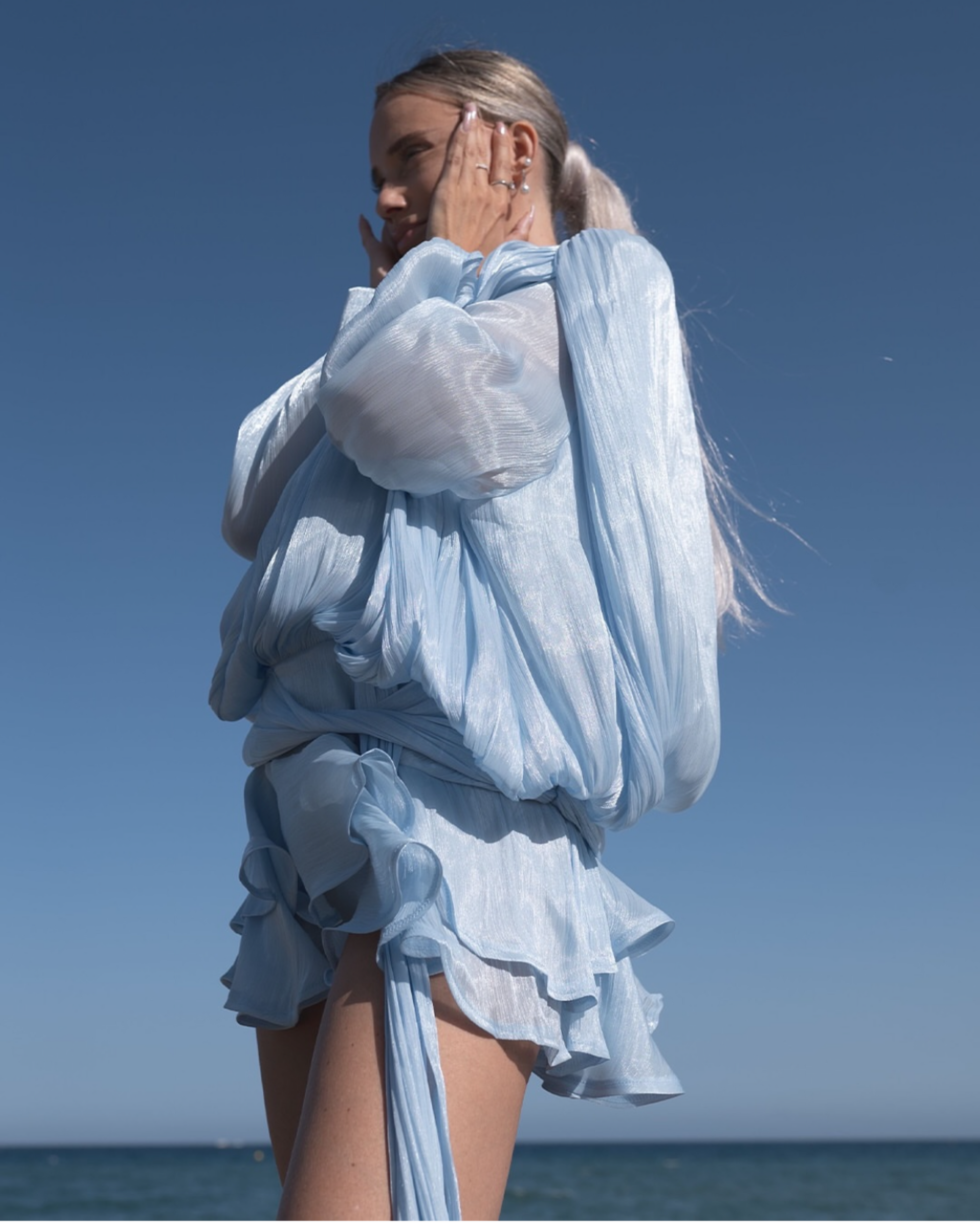 Marigold Fully Pleated Ruffled Mini Dress in Light Blue