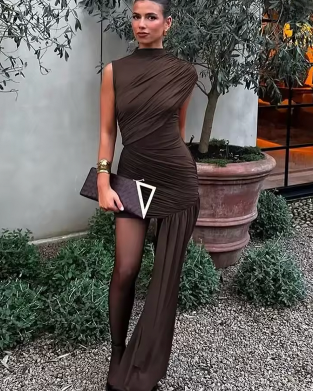 Camellia Ruched Mini Cage Dress with Sash in Brown