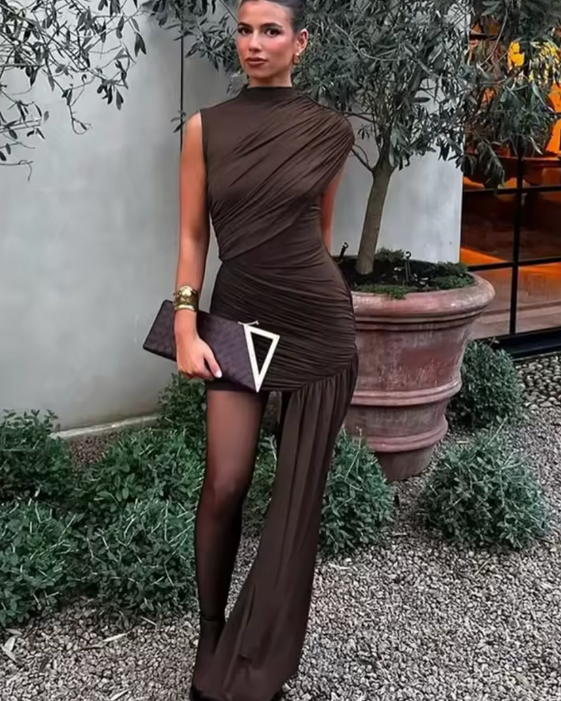 Camellia Ruched Mini Cage Dress with Sash in Black