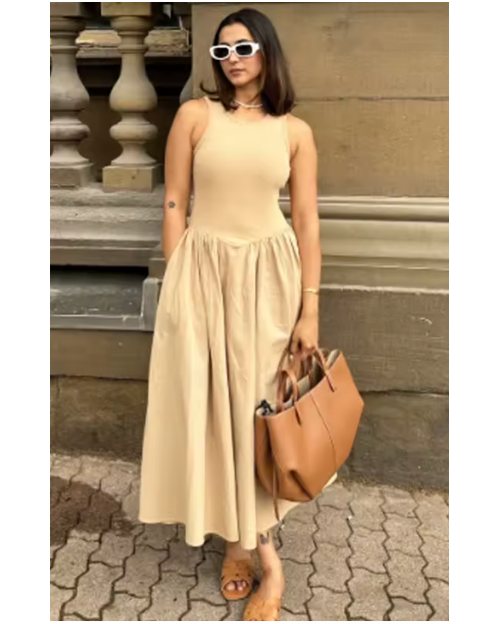 Cosmos Drop Waist Maxi Dress in Beige
