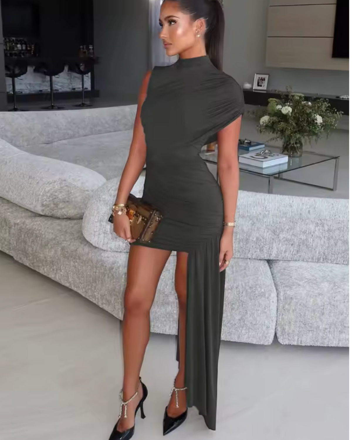 Camellia Ruched Mini Cage Dress with Sash in Gray Khaki