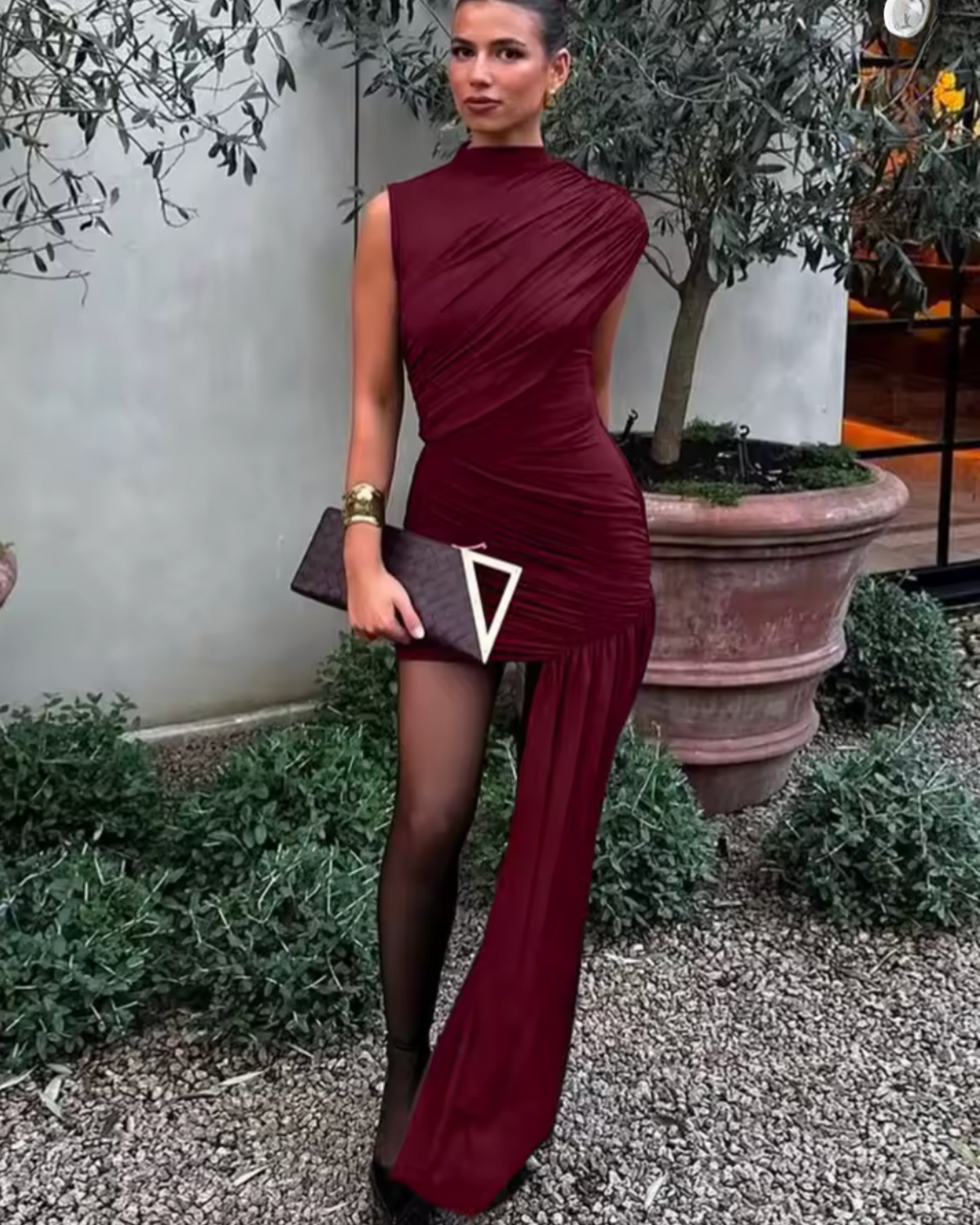 Camellia Ruched Mini Cage Dress with Sash in Wine Red
