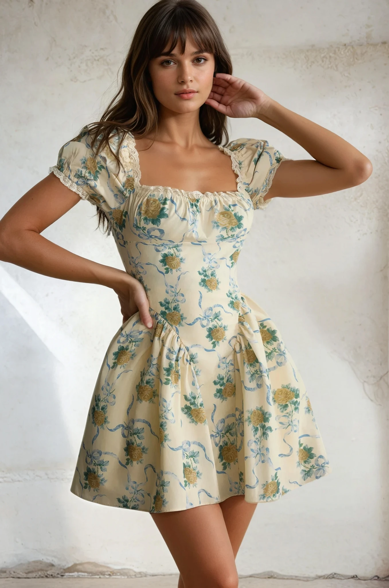 Aster Shirred Country Mini Dress in Cream
