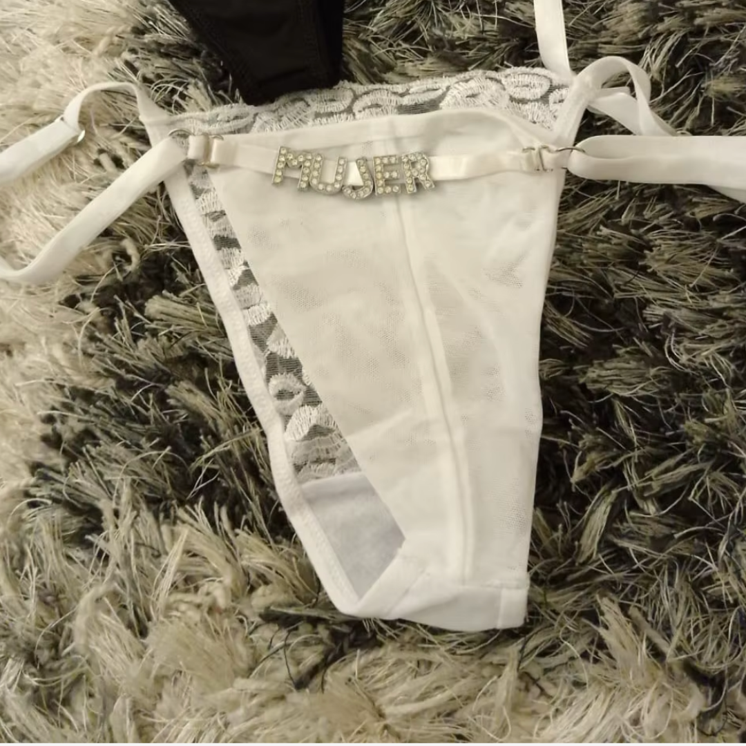Custom Name Rhinestone Jewelry Sheer Thong with Lips