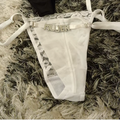 Custom Name Rhinestone Jewelry Sheer Thong with Lips
