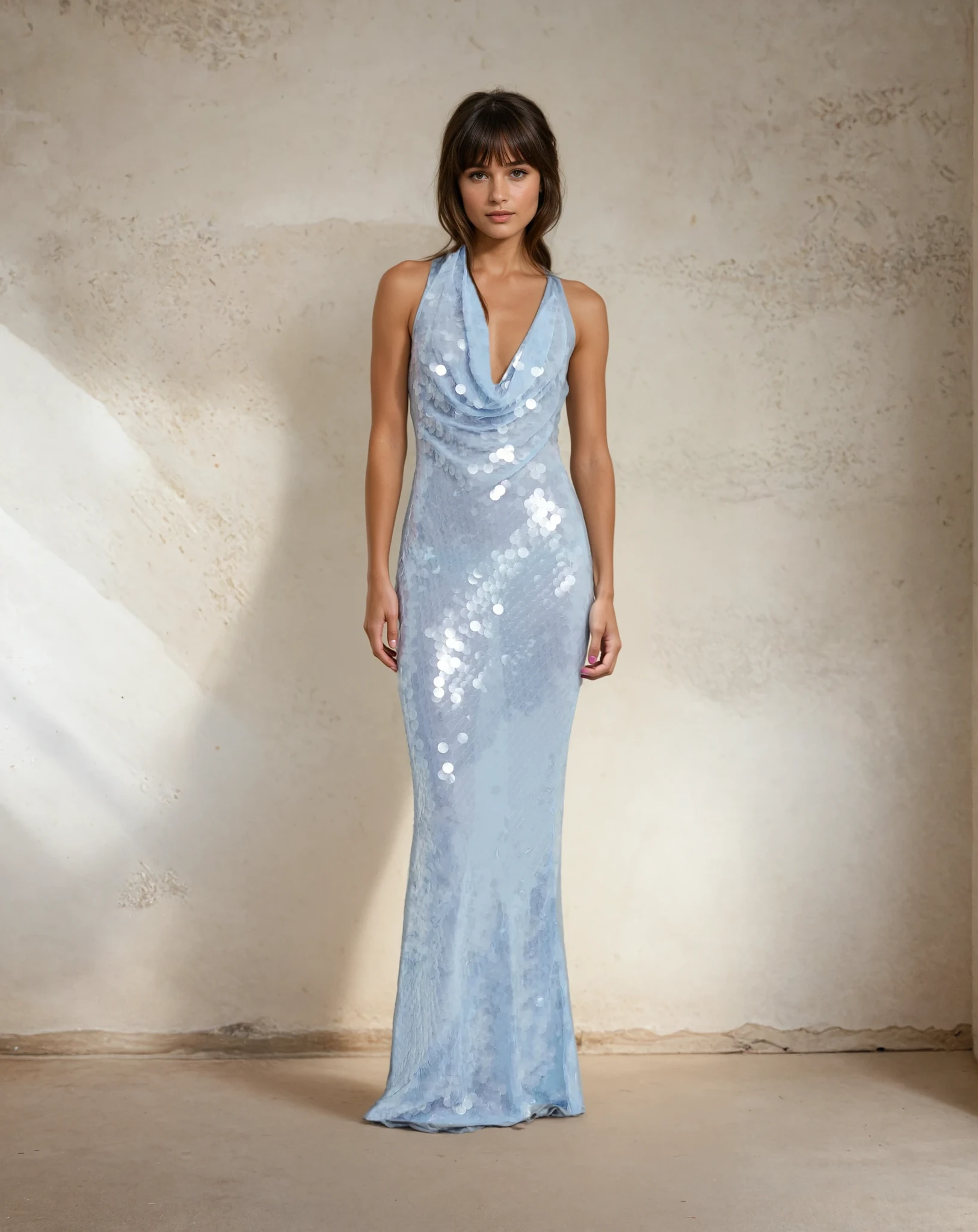 Ava Cowl Neck Drapped Sequin Maxi Dress in Blue
