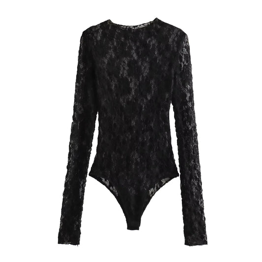 2024 Lace Black Bodysuit for Women Semi See through Lingeries Bodysuit One Piece Bodycon Long Sleeve Sexy Body Woman