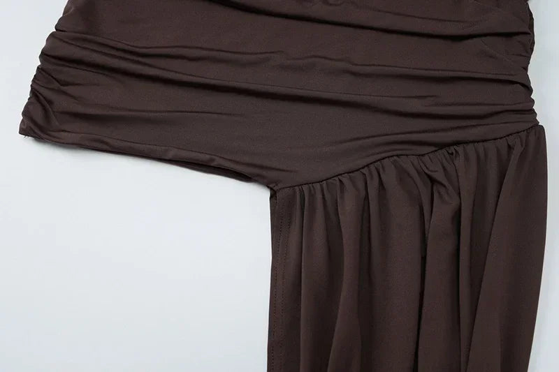 Camellia Ruched Mini Cage Dress with Sash in Gray Khaki
