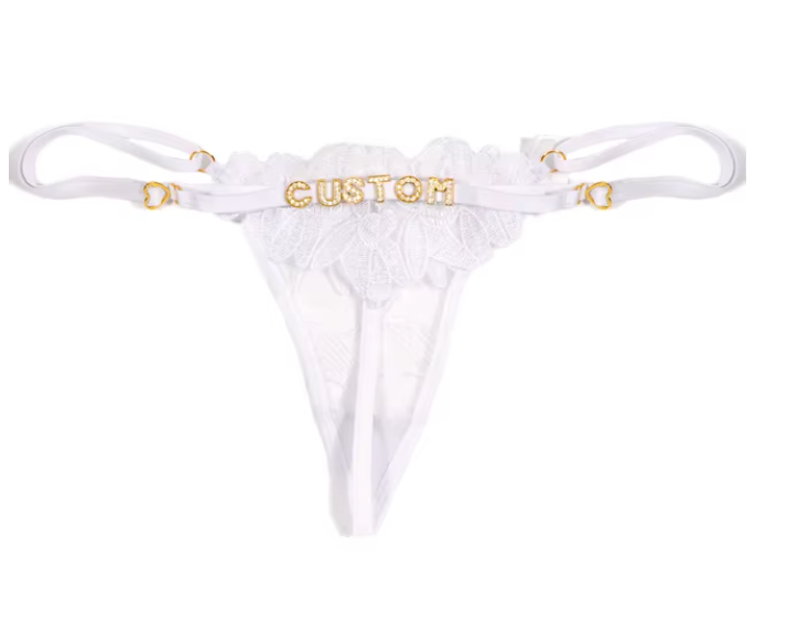 Custom Name Rhinestone Jewelry Sheer Thong Floral T-Back