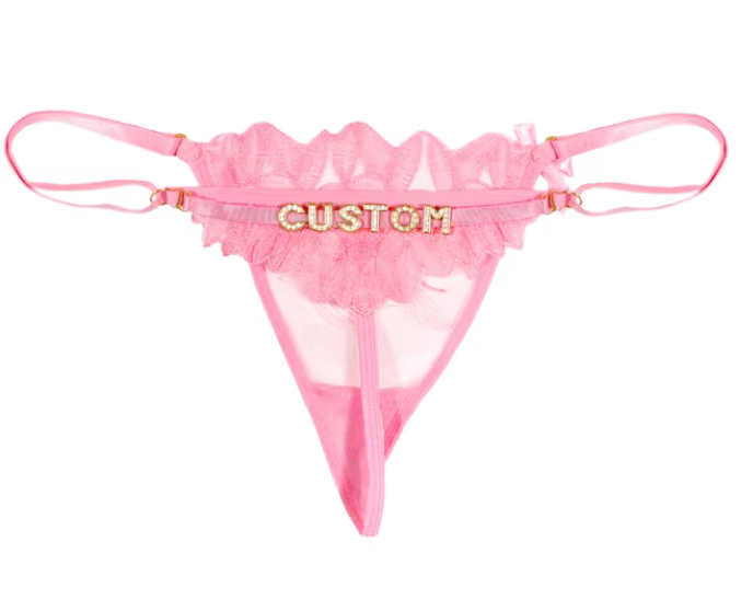 Custom Name Rhinestone Jewelry Sheer Thong Floral T-Back
