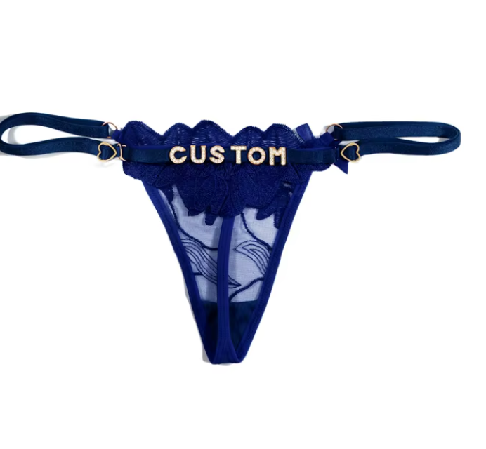 Custom Name Rhinestone Jewelry Sheer Thong Floral T-Back