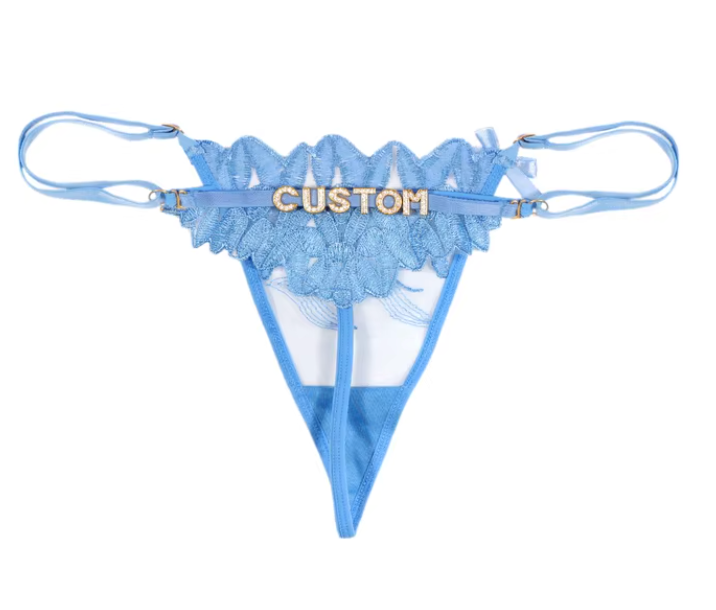 Custom Name Rhinestone Jewelry Sheer Thong Floral T-Back