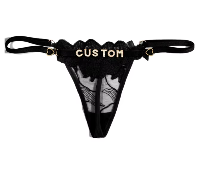 Custom Name Rhinestone Jewelry Sheer Thong Floral T-Back