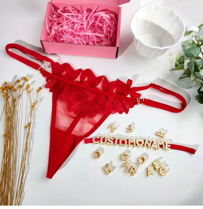 Custom Name Rhinestone Jewelry Sheer Thong Floral T-Back