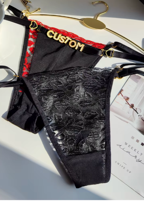 Custom Name Rhinestone Jewelry Sheer Thong with Lips