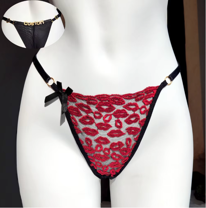 Custom Name Rhinestone Jewelry Sheer Thong with Lips