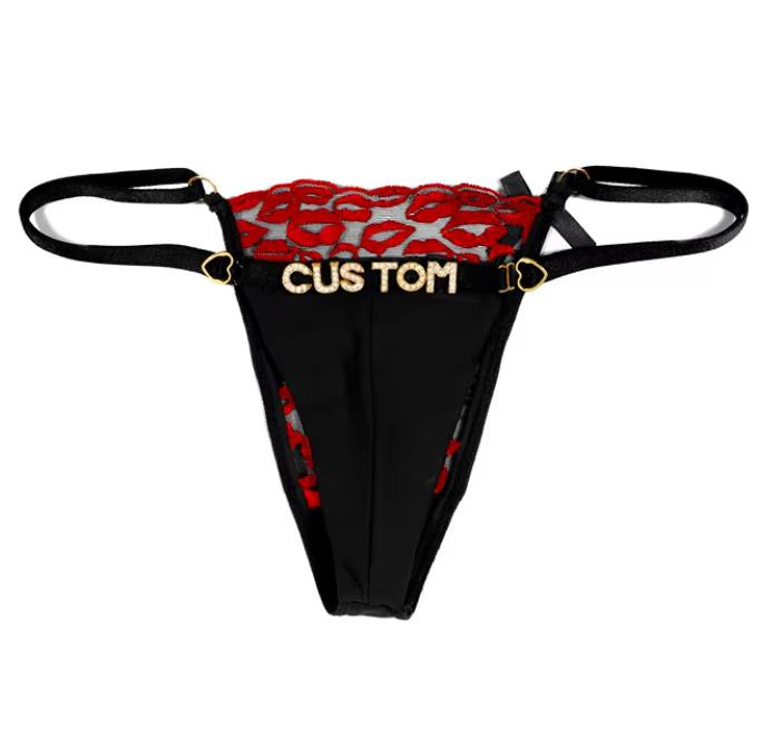 Custom Name Rhinestone Jewelry Sheer Thong with Lips
