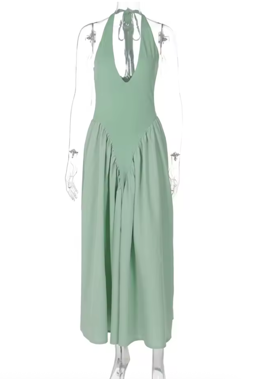 Audrey Halter Neck Drop Waist Pannier Dress in White