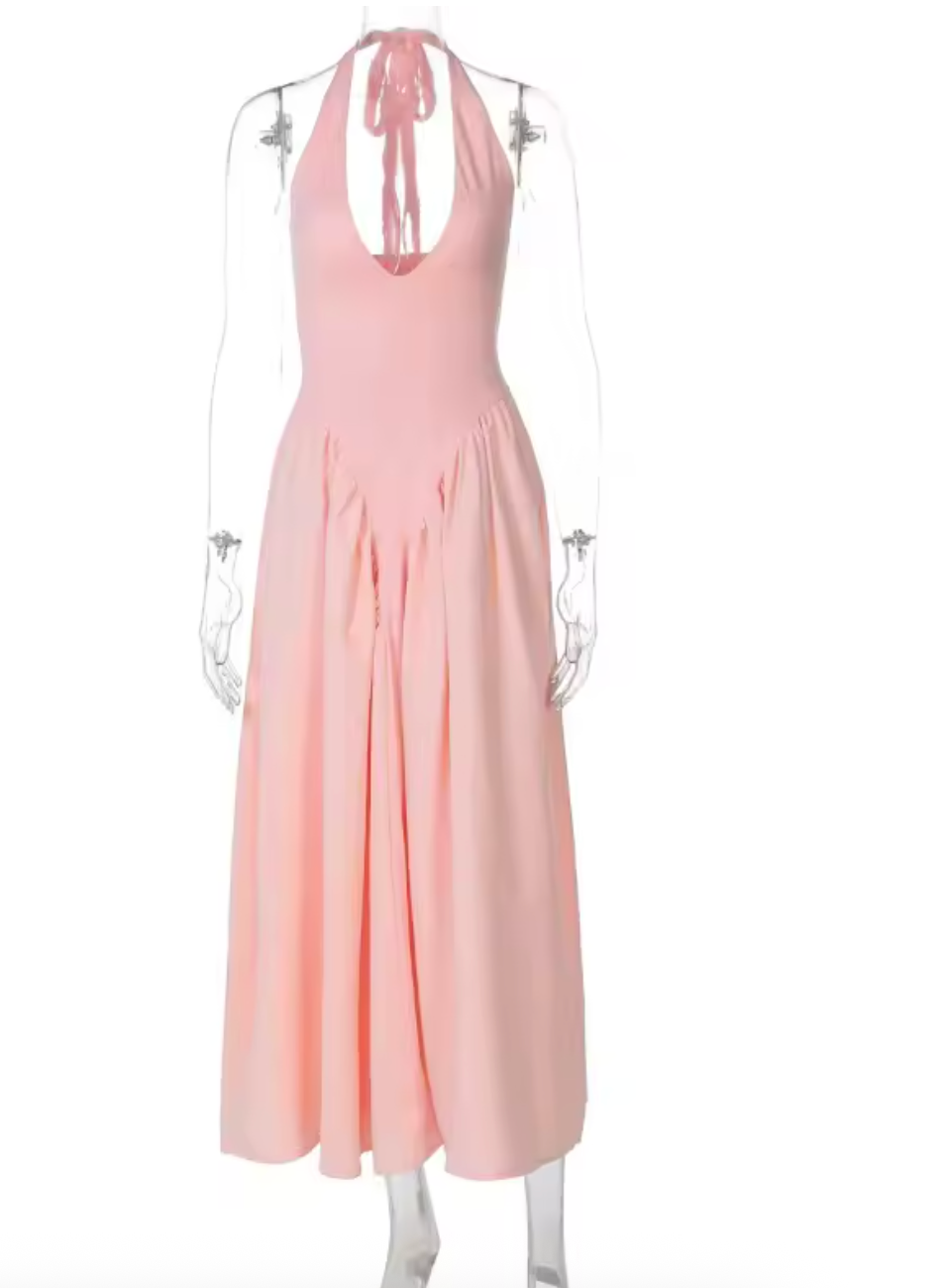 Audrey Halter Neck Drop Waist Pannier Dress in White