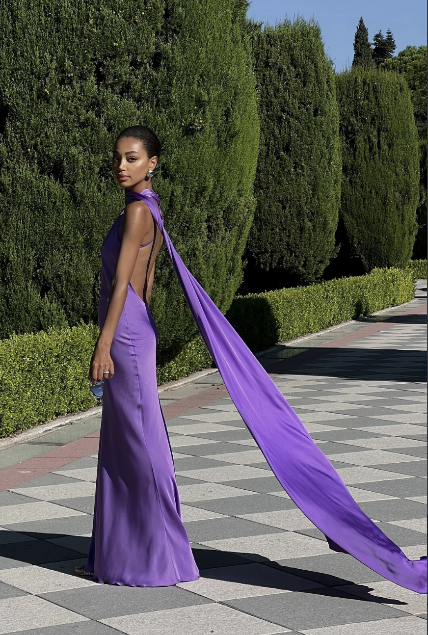 Alcea One Shoulder Satin Maxi Dress with Scarf in Purple