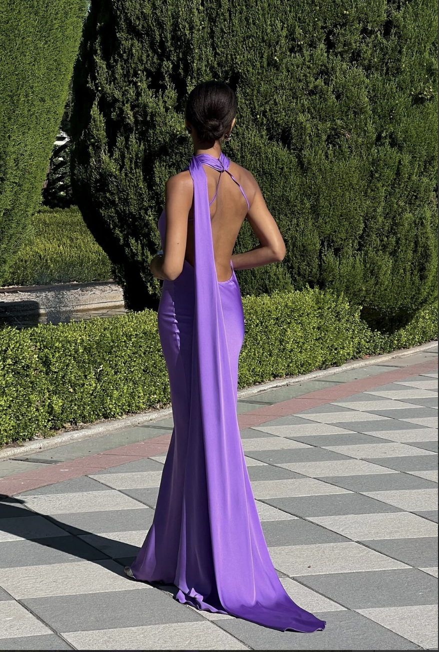 Alcea One Shoulder Satin Maxi Dress with Scarf in Purple