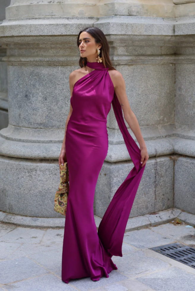 Alcea One Shoulder Satin Maxi Dress with Scarf in Fuchsia