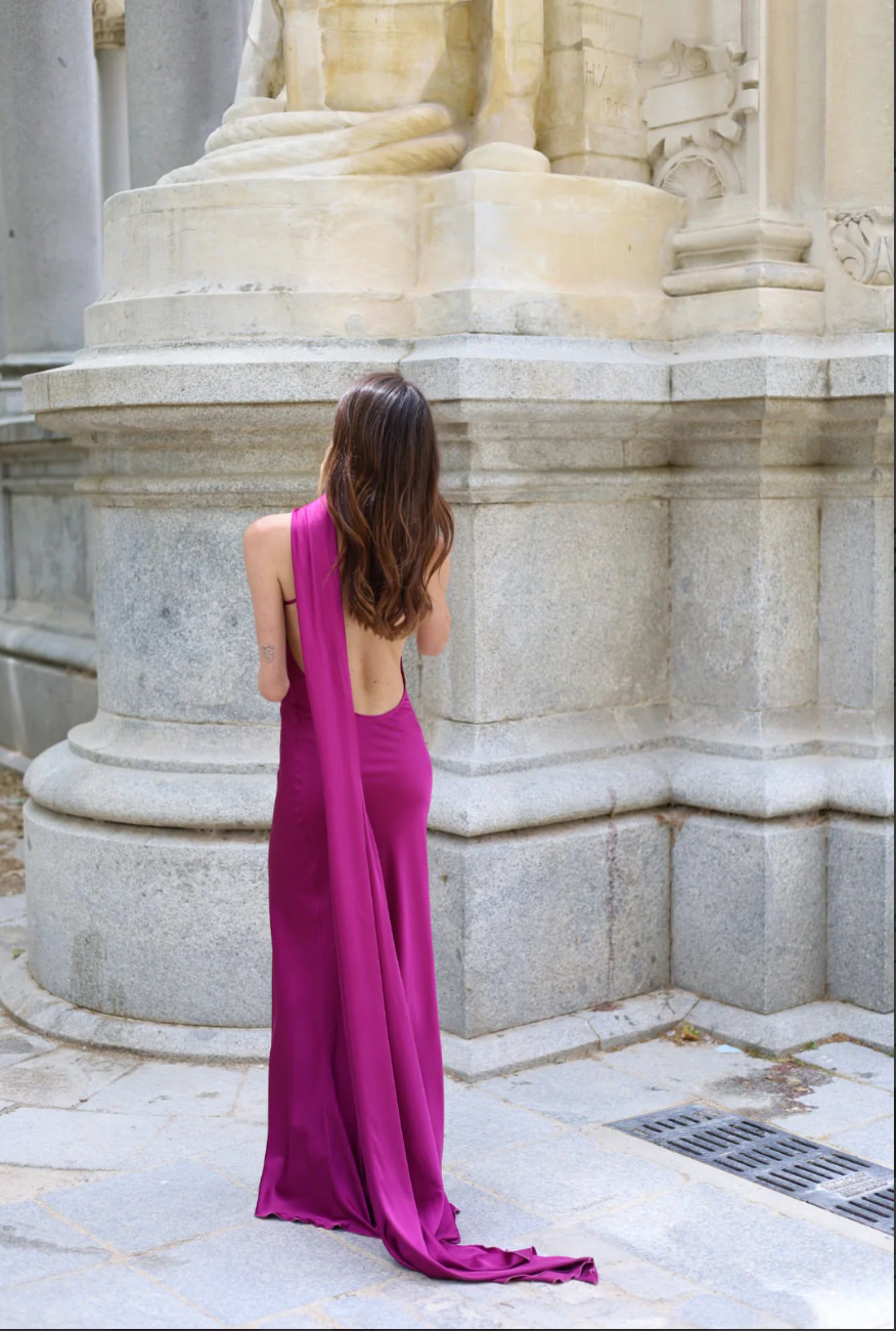 Alcea One Shoulder Satin Maxi Dress with Scarf in Fuchsia
