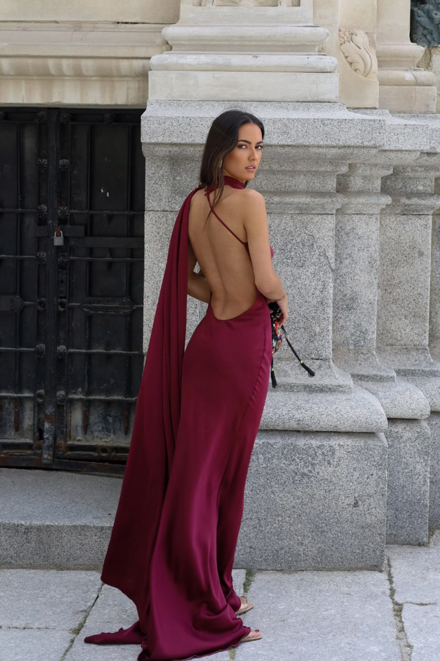 Alcea One Shoulder Satin Maxi Dress with Scarf in Burgundy