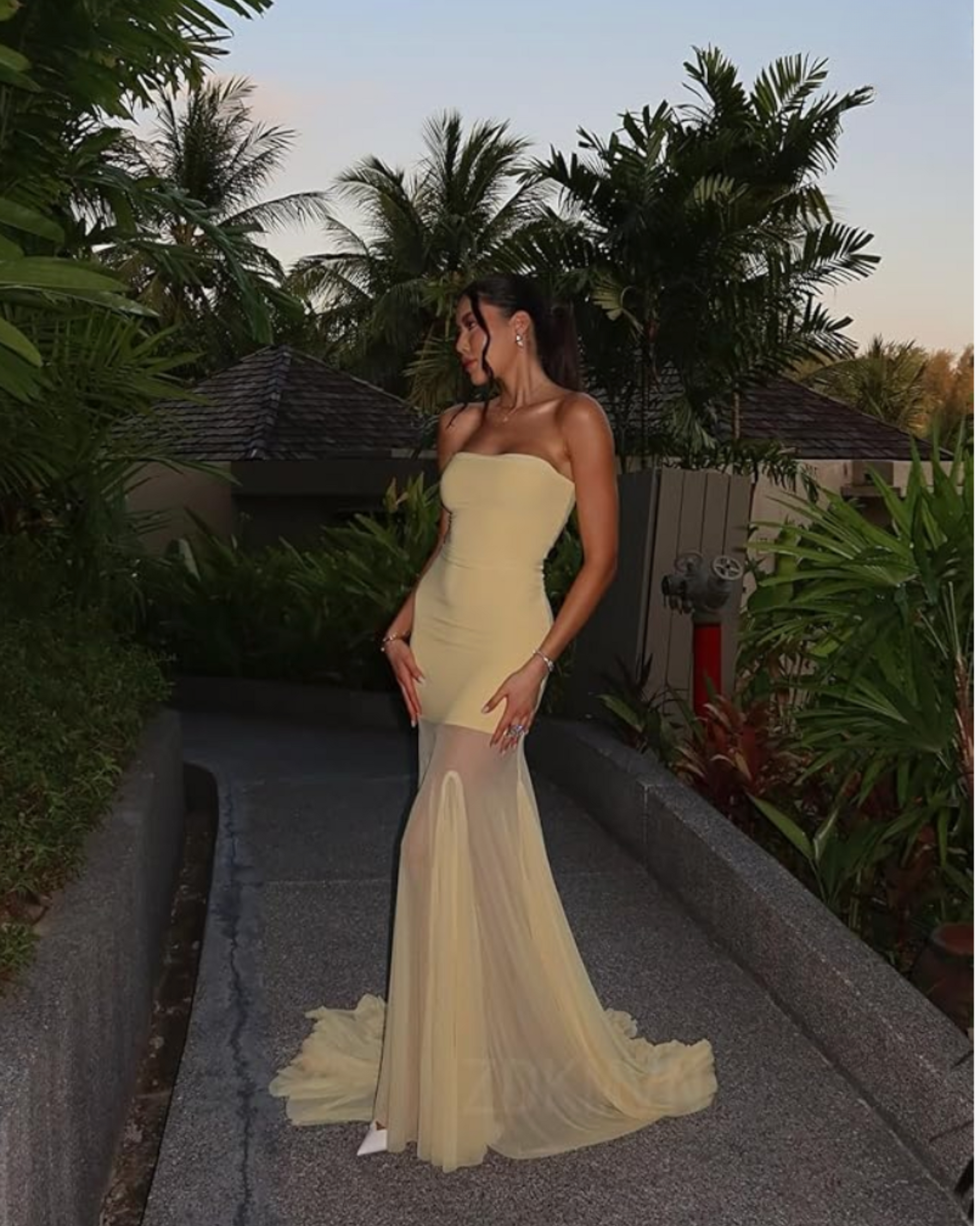 Achillea Strapless Maxi Dress with Mesh Tule Skirt in Butter Yellow