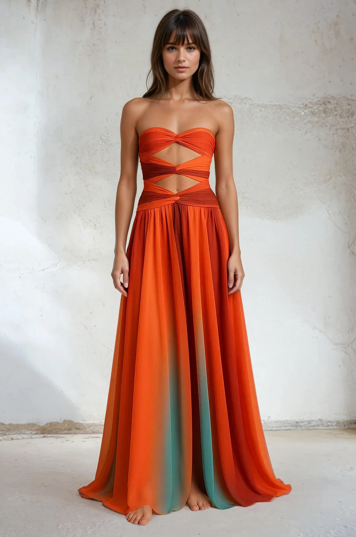 Petunia Cut Out Tie Front Strapless Flowy Maxi Dress in Orange
