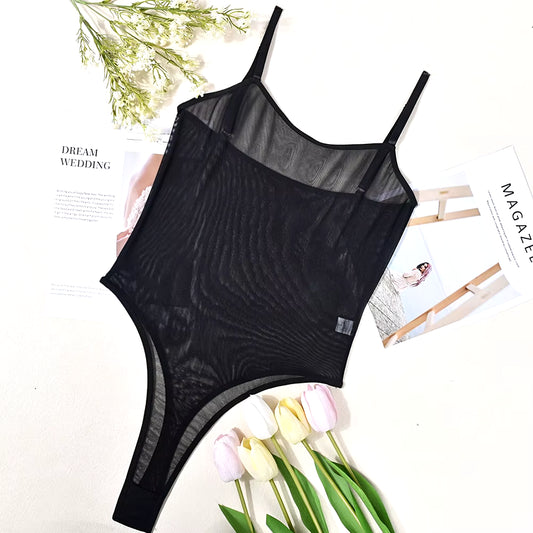Lace Bodysuit Sheer Mesh One Piece Bright Body Women Solid Sexy Top Crotchless Sissy Naked Tight Fitting Teddy Lingerie