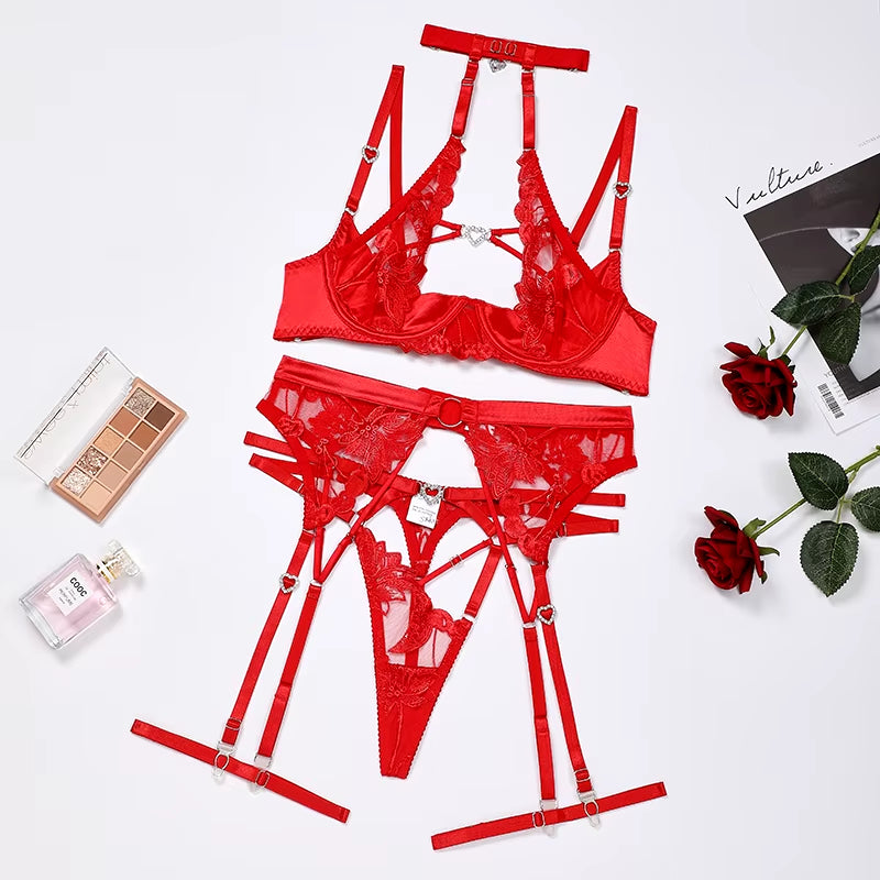 Love Diamond Buckle Embroidery Lingerie Set