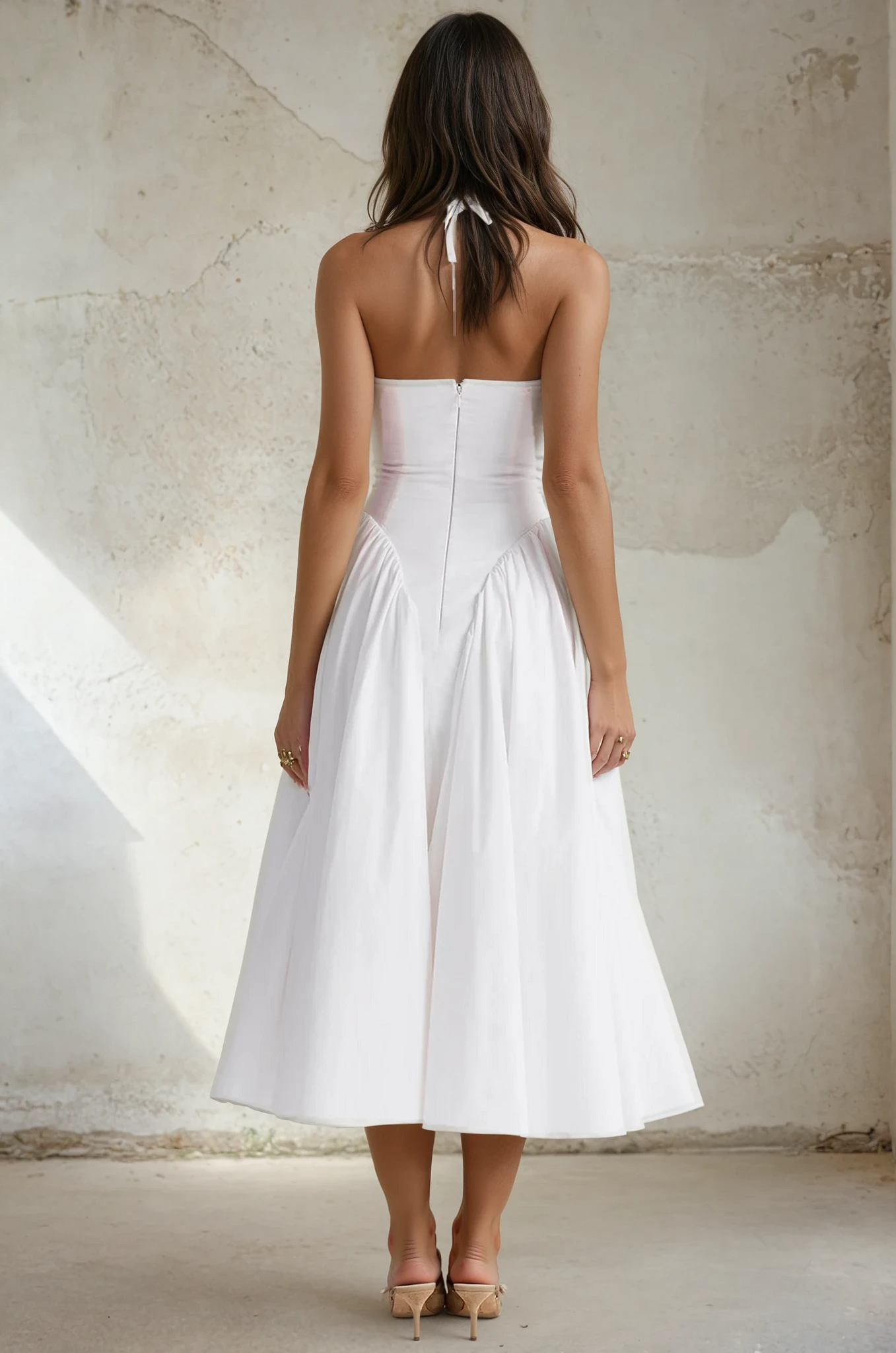 Audrey Halter Neck Drop Waist Pannier Dress in White