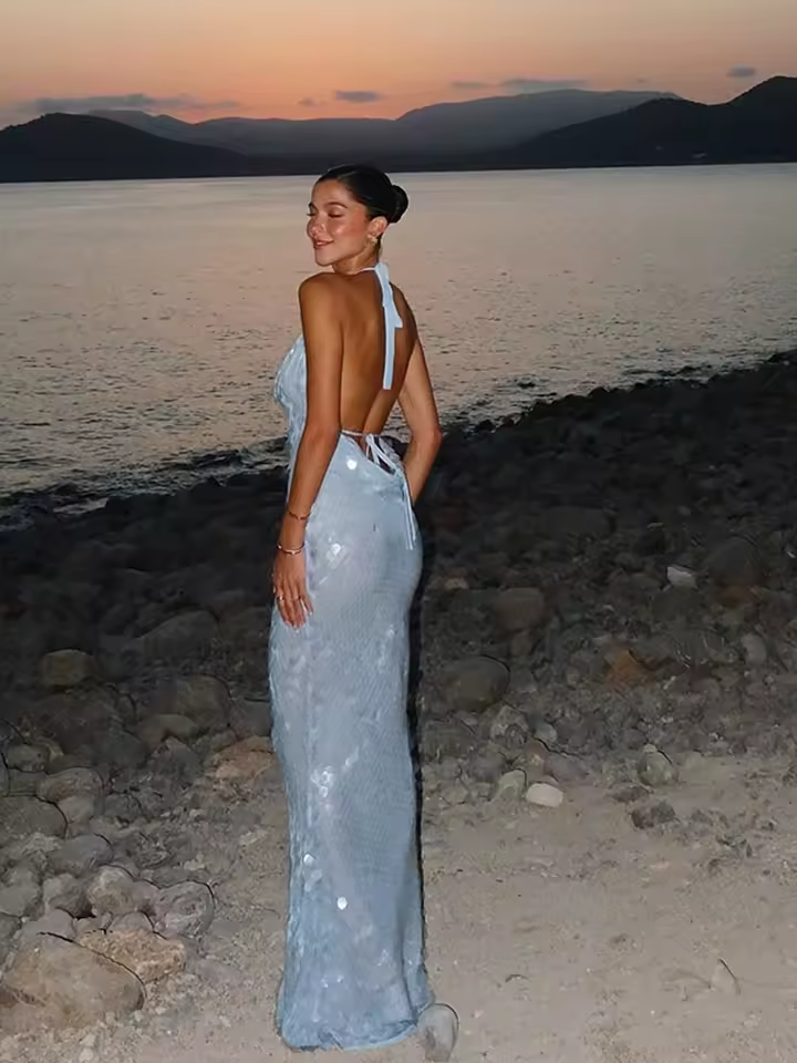 Ava Cowl Neck Drapped Sequin Maxi Dress in Blue