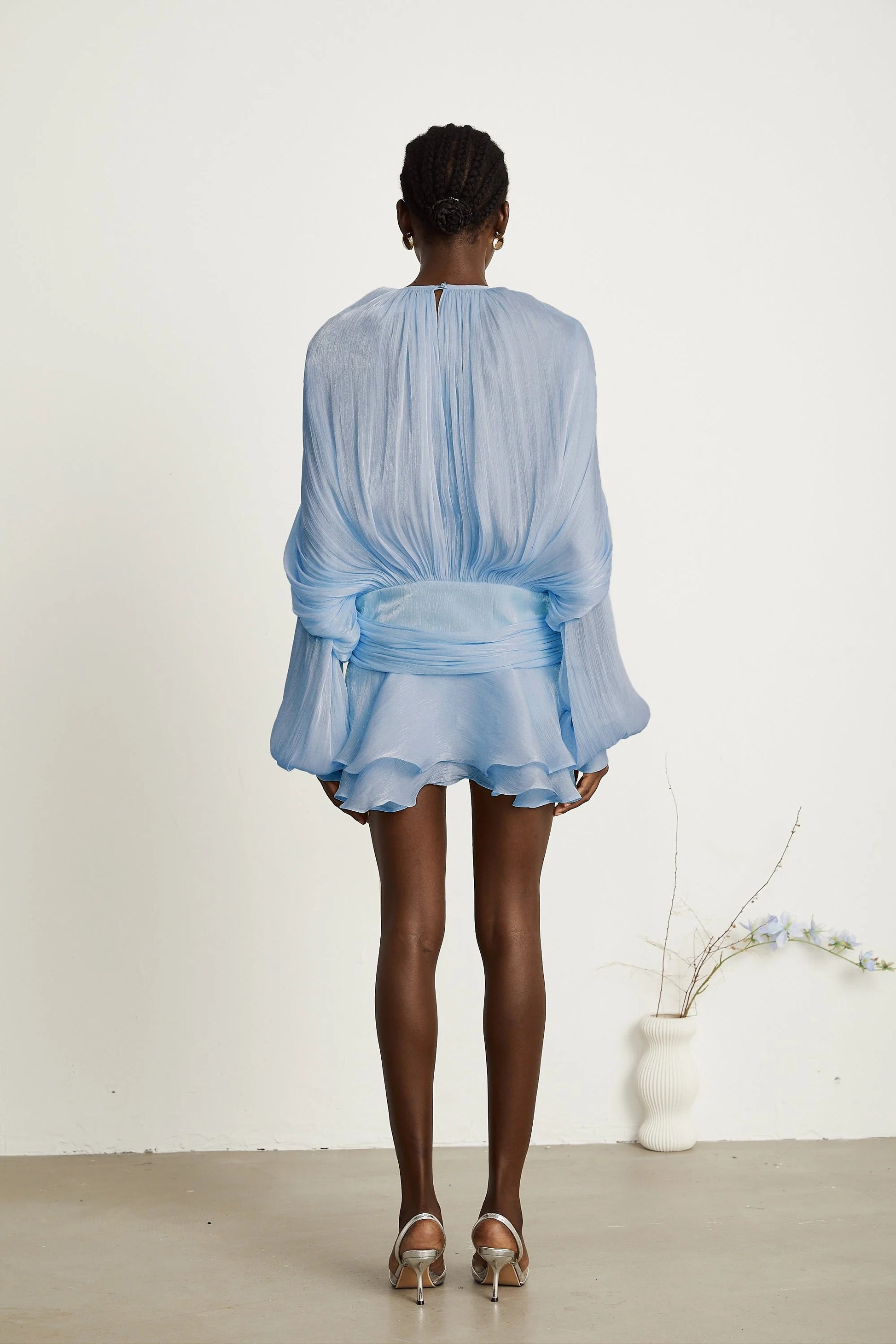Marigold Fully Pleated Ruffled Mini Dress in Light Blue