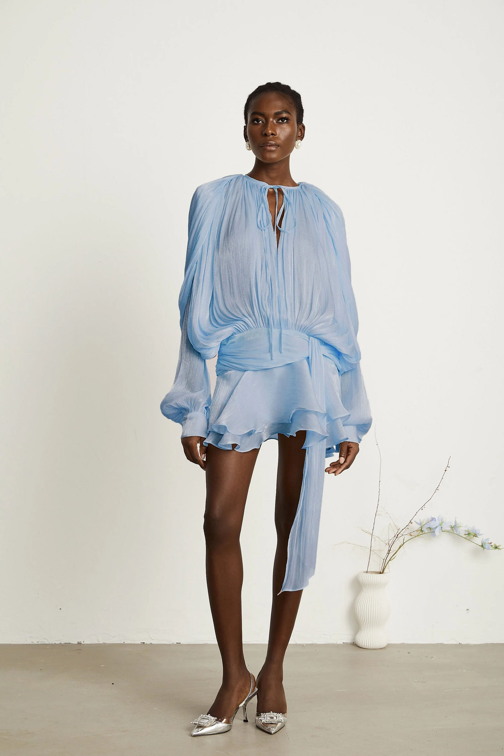 Marigold Fully Pleated Ruffled Mini Dress in Light Blue