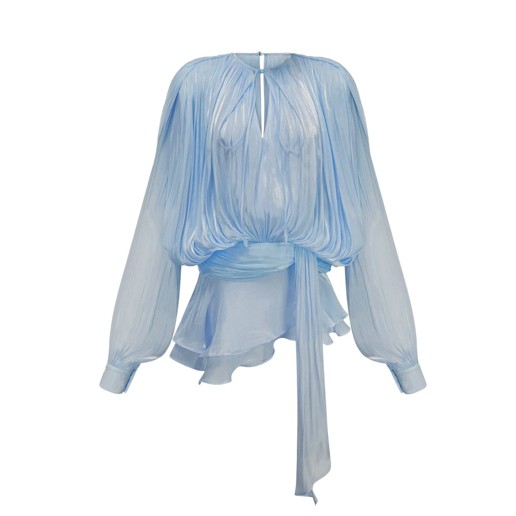 Marigold Fully Pleated Ruffled Mini Dress in Light Blue