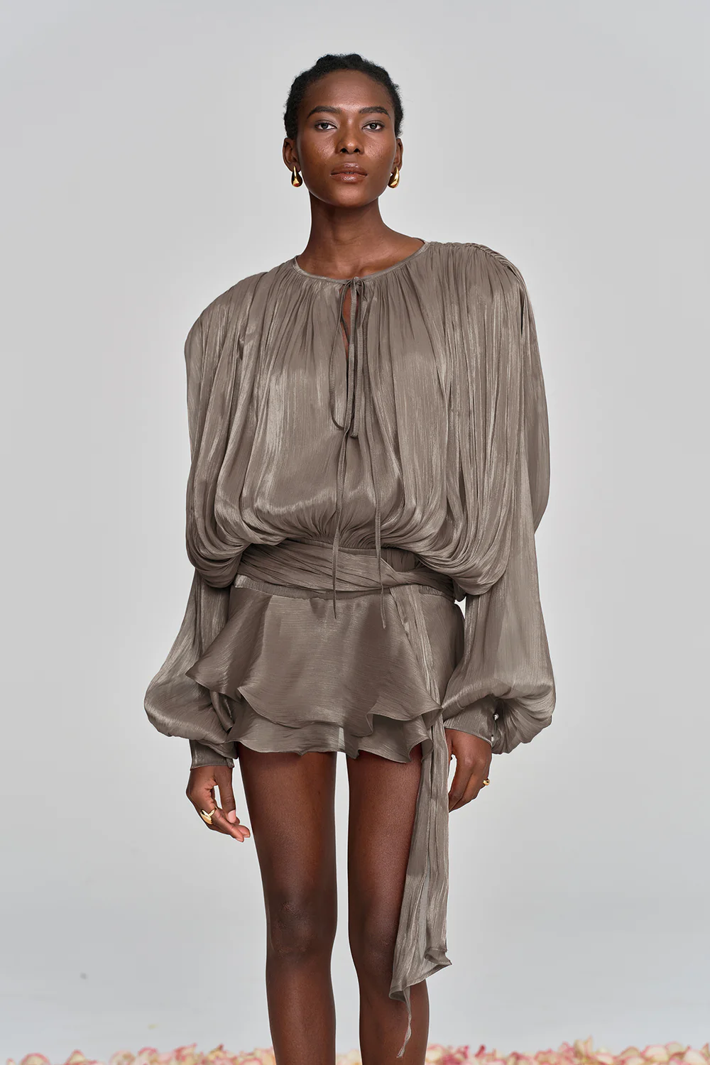 Marigold Fully Pleated Ruffled Mini Dress in Brown
