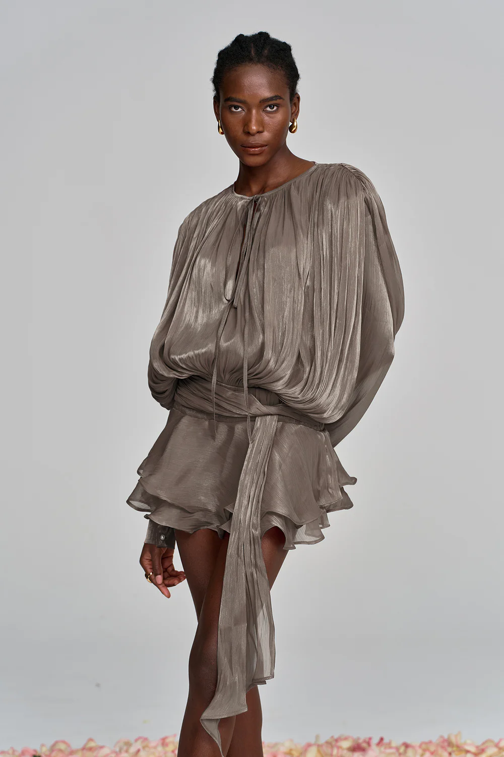 Marigold Fully Pleated Ruffled Mini Dress in Brown