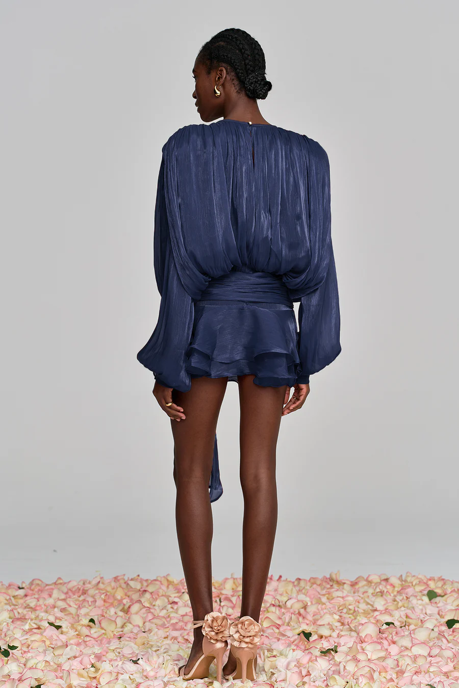 Marigold Fully Pleated Ruffled Mini Dress in Navy