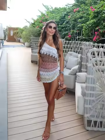 Ava Crochet Knitted Striped Ruched Mini Dress