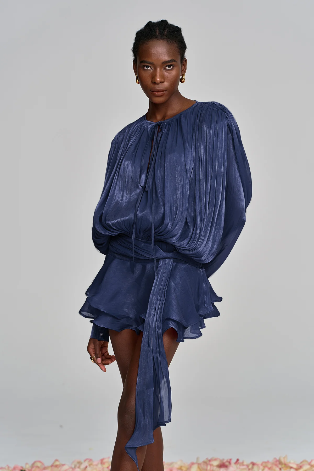 Marigold Fully Pleated Ruffled Mini Dress in Navy